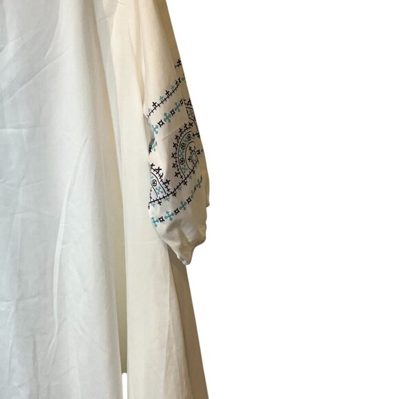 Boho Chic White & Blue Embroidered Midi Dress With Tassels 3/4 Sleeves sz 26 NWT - Picture 6 of 7